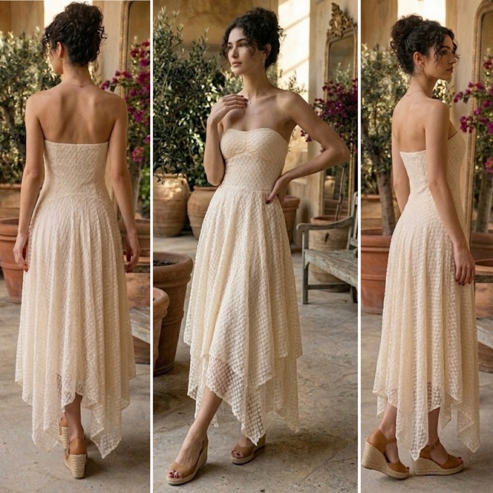 NEW FREE PEOPLE LACE MAXI DRESS ASYMMETRICAL HEM STRAPLESS CREAM IVORY VINTAGE
